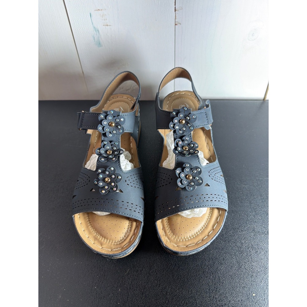 Shibever Womens Blue Faux Leather Floral Rhinestone T-Strap Wedge Sandals